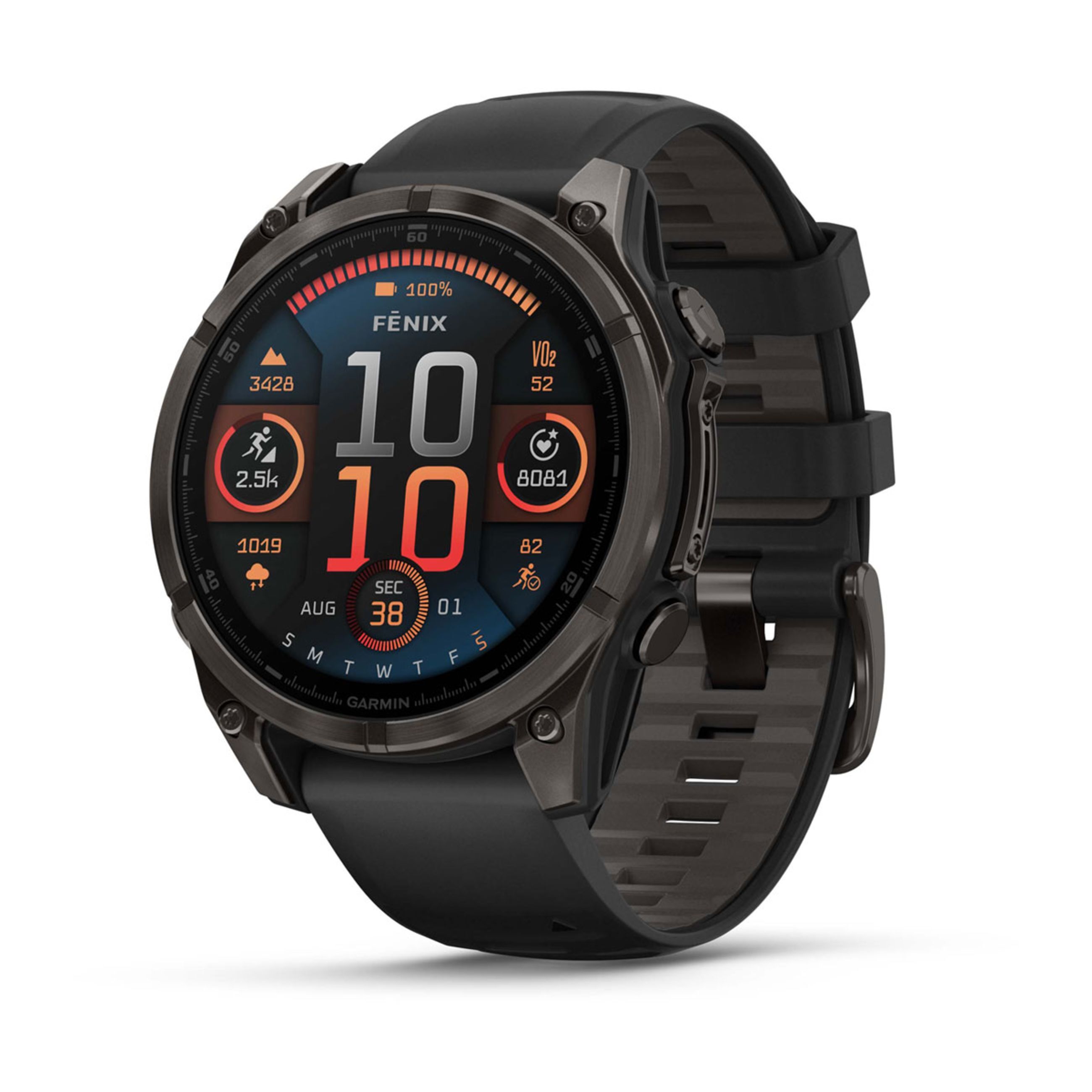 FēNix 8 – 43 Mm, Amoled - Sapphire, Carbon Gray Dlc Titanium With Black/Pebble Gray Silicone Band