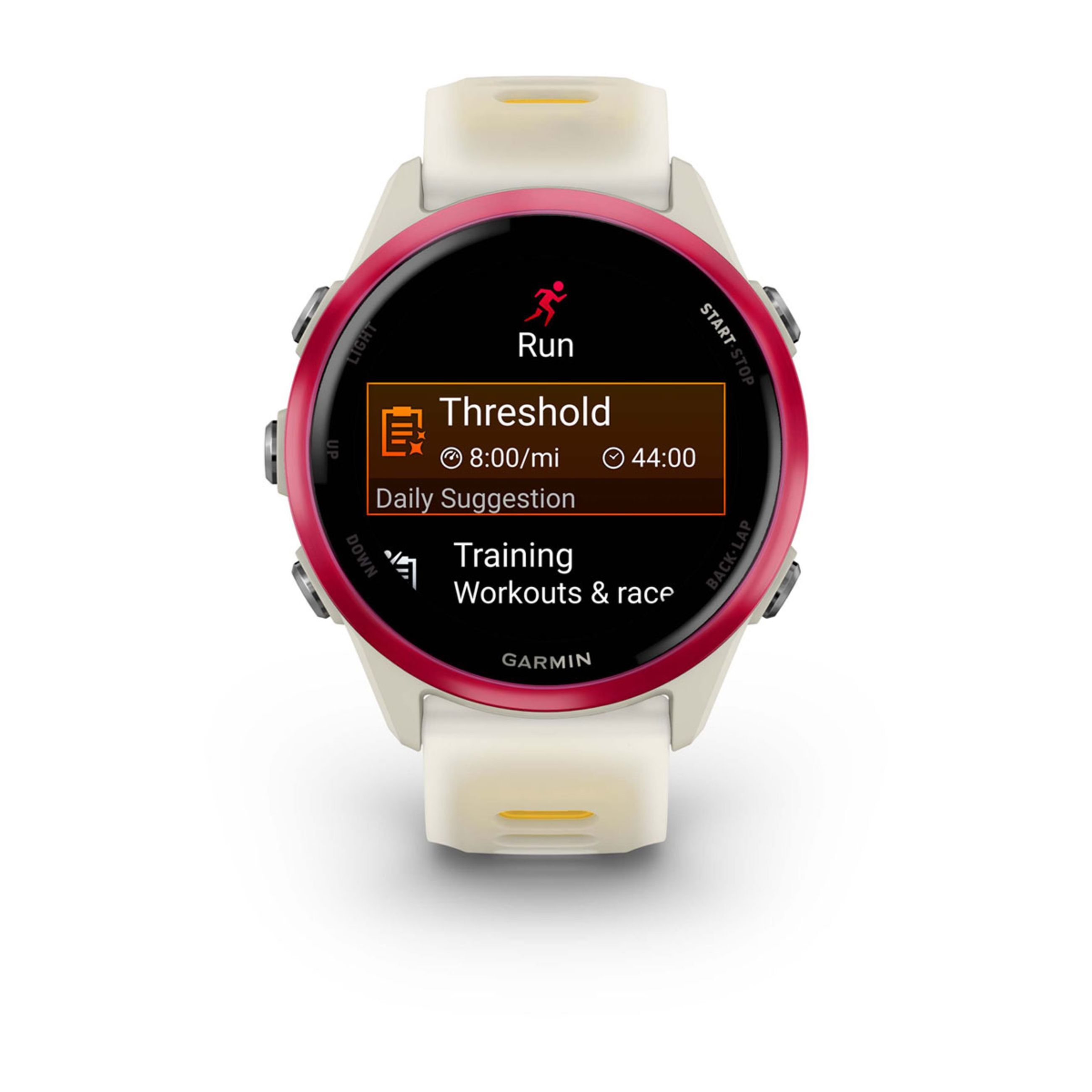 Alternative view of Forerunner 570 - 42Mm - Raspberry Aluminum With Translucent Bone/Mango Band